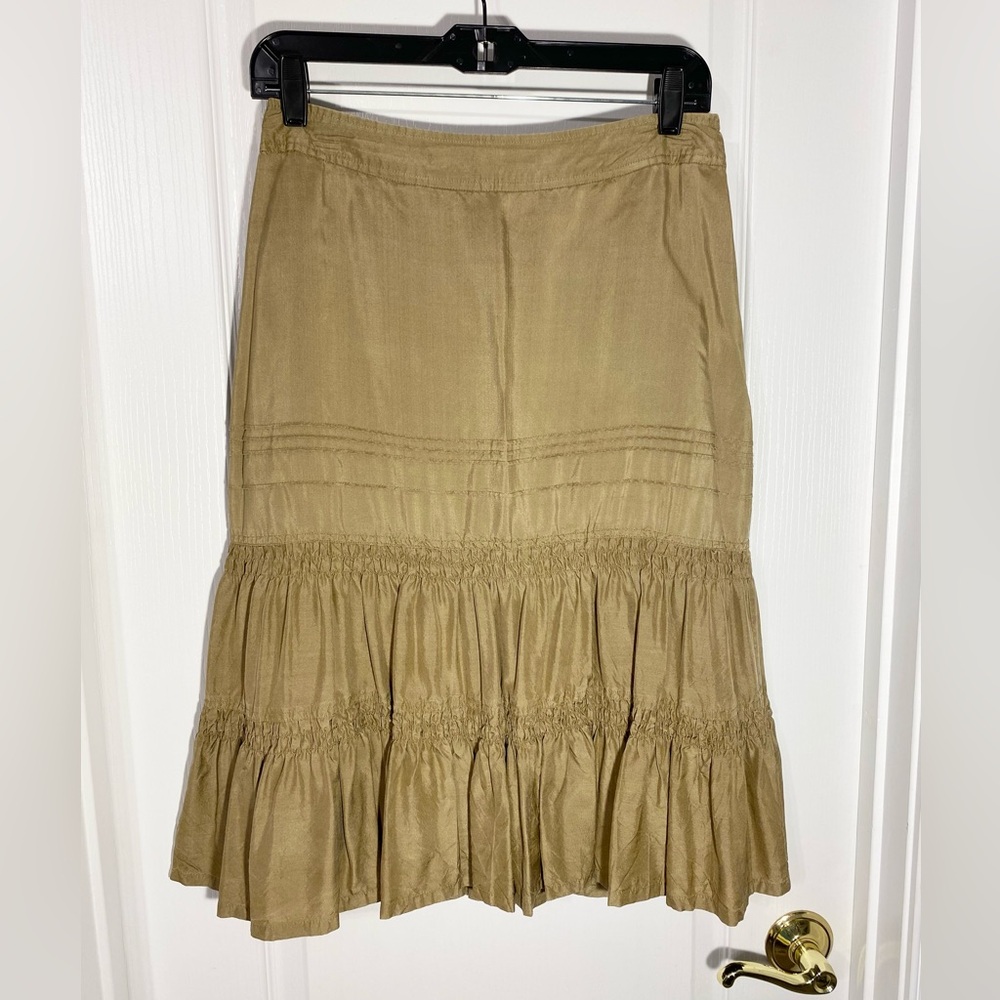 Banana Republic SILK Smocked Tiered Midi Skirt Gold Size 2
